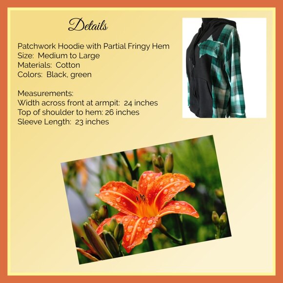 Upcycled Patchwork Jacket, M-L: Flannel Hoodie Sweatshirt, Green Plaid, Star - Picture 3 of 11